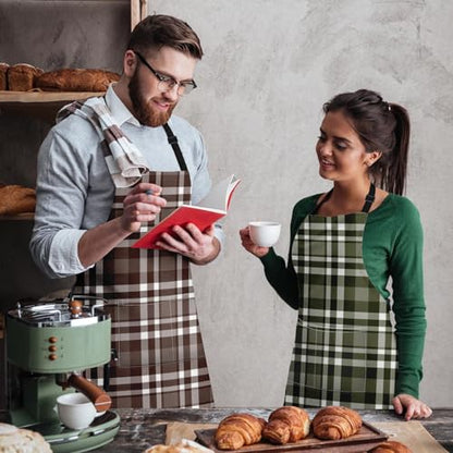 Apron with Pockets, 32x28 inch, 2 Pack, Checkered | Brown Green Plaid Grid Adjustable Bib with Pockets for Women Men Couple Lovers Chef Home Baking Gardening - color: Dark Brown Green