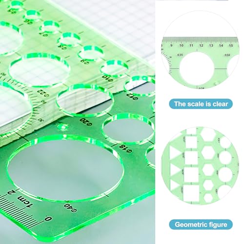 CoguZed 2 Pieces Clear Green Circle Template Set for Drawing & Drafting – Geometric Stencils & Rulers for Office, School, Architecture & Design with Zipper Bag