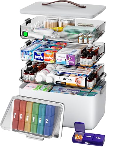 CTIME 4-Tier Extra-Large Medicine Organizer with Portable Pill Case Empty | Multipurpose Medical Box, Pill Organizer for Home Needs, Clear Visible Lids, Neatly Categorized, Home & Travel Essentials - size: Extra Large 4-Tier Set