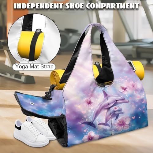 Gym Bag with Yoga Mat Holder Large Tote Bag With Multi Pockets for Women Men Dry Wet Separated Pocket Carryall Yoga Tote Bag for Pilates Travel Workout Office - color: Cherry Blossom