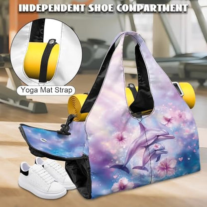 Gym Bag with Yoga Mat Holder Large Tote Bag With Multi Pockets for Women Men Dry Wet Separated Pocket Carryall Yoga Tote Bag for Pilates Travel Workout Office - color: Cherry Blossom