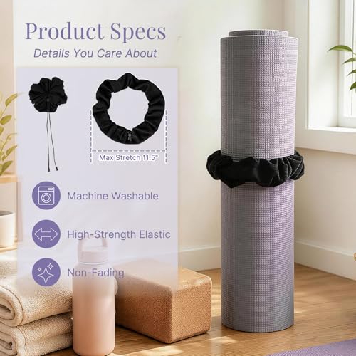 Aolamegs Adjustable Yoga Mat Scrunchie, 2-in-1 Mat Strap and Hair Tie, Fits All Standard & Extra Thick Yoga Mats - color: Black Adjustable Elastic Mat Scrunchie