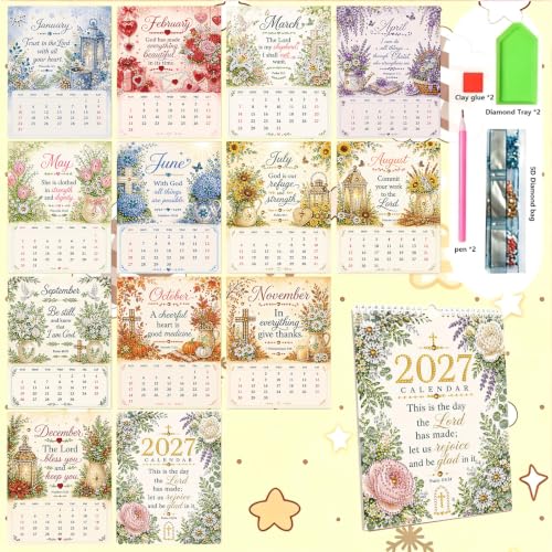2027 Diamond Art Wall Calendar for Adults Beginners 12 Monthly Holiday Themes 8.9" x 6.7" Hanging Loop DIY Craft Wall Calendars with Notes Section for Home Office Planning-Inspirational quotes - color: Inspirational quotes