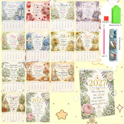 2027 Diamond Art Wall Calendar for Adults Beginners 12 Monthly Holiday Themes 8.9" x 6.7" Hanging Loop DIY Craft Wall Calendars with Notes Section for Home Office Planning-Inspirational quotes - color: Inspirational quotes