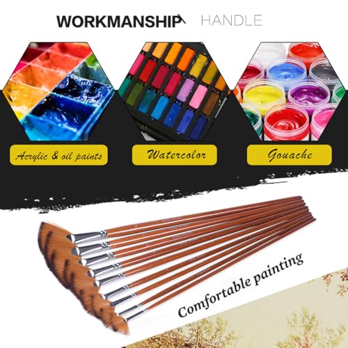 Artist Fan Paint Brushes Set,9 Pcs Professional Soft Anti-Shedding Fan Brush for Acrylic Oil Watercolor Gouache Painting Kits with Long Handle Nylon Hair