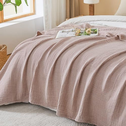 EMME Cotton Muslin Large Throw Blanket Couch Breathable Gauze Soft Lightweight Bed Blankets Adults (Heather Dusty Pink, 50"x70") - color: 06 - Dusty Pink, size: Large Throw (50" X 70")