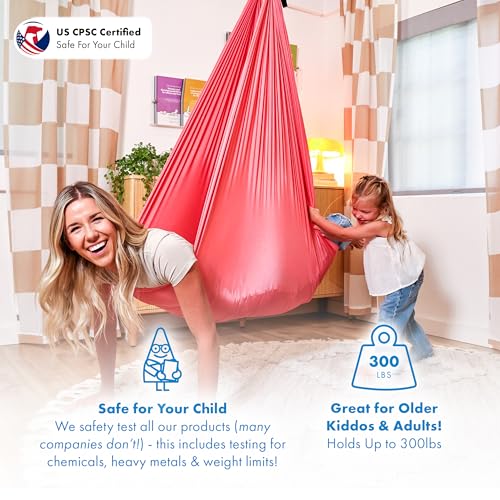 Harkla Sensory Swing for Kids & Adults, Holds 300lbs, Indoor Swing | Hug Like Calming Effect and Durable Soft Stretch Fabric - Easy Assembly, Heavy Duty Hardware and 3rd Party Tested - color: Pink, size: 110" Swing + No Swivel