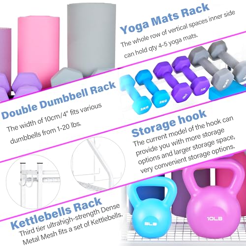 Dumbbell Rack - Weight Rack for Dumbbells, Home Gym Storage Rack for Yoga Mat, Dumbbells and Kettlebells, All in One Workout Equipment Storage with Caster Wheels (Hold Up to 450 Lbs)