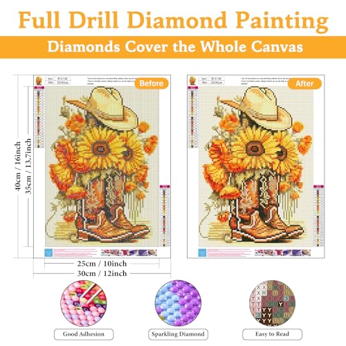 Diamond Art Kits for Adults & Beginners, Cowboy Boot Diamond Painting Kit | 5D Full Drill Gem Art with Sunflower and Cowboy Hat, Round Diamond Dots, Home Wall Decor & Gift, 12 x 16 Inch - color: HMDPUS-25414