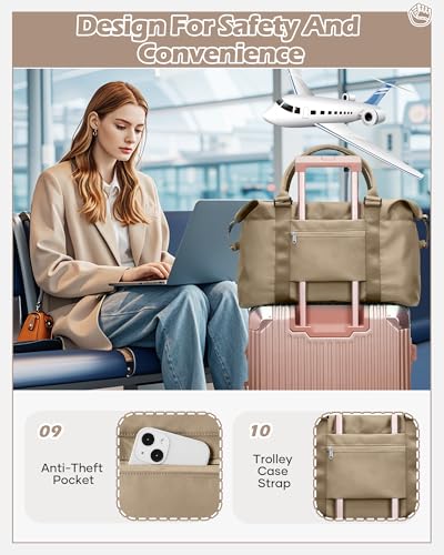 Travel Duffel Bags for Women Mens Waterproof Weekender Carry on Bag Sports Gym Bag Travel Tote Bags with Wet Pocket Overnight Bag Workout Duffel Bags with Trolley Sleeve Khaki - color: F8-Khaki