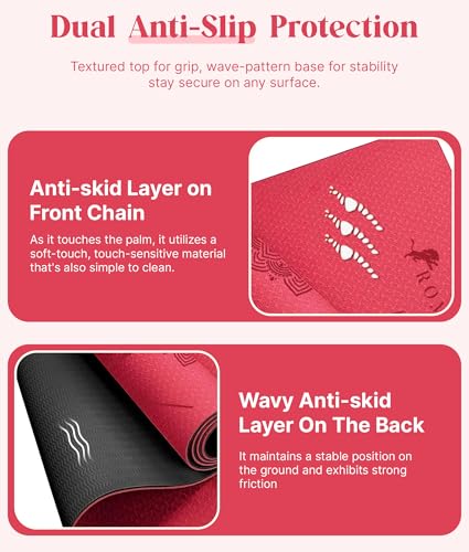 ROMIX Pro Yoga Mat With Alignment Lines, 6Mm Thick Non-Slip Exercise Mat | 72 x 24 In TPE Large Pilates Mat For Home Workout, Stretching, Training, Meditation, Carry Bag Included For Women And Men - color: Red