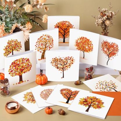 Saillong 12 Pack Fall Tree Diamond Painting Greeting Card Kits DIY Thanksgiving Diamond Art Cards with Envelopes Life Tree 5D Rhinestones Painting Making Kit for Adult DIY Crafts Family Friend Gifts - color: Fall Tree