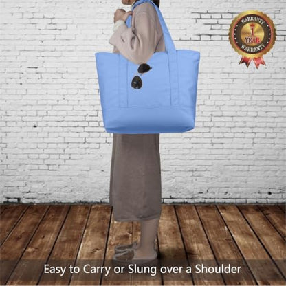 TOPDesign 1-Pack Canvas Tote Bag with an External Pocket, Reusable Grocery Shopping Bag, Top Zipper Closure, Daily Essentials (Light Blue) - color: Light Blue