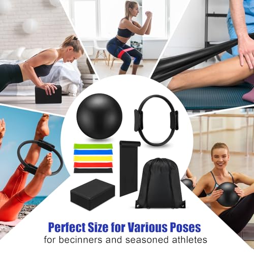 Silipull 10 Pcs Pilates Ring Blocks Set for Women Home Yoga Equipment Accessories Pilates Ring Circle and Ball Workouts Gift Include Ball Yoga Circle Resistance Bands Block Straps Gym Bag - color: Black