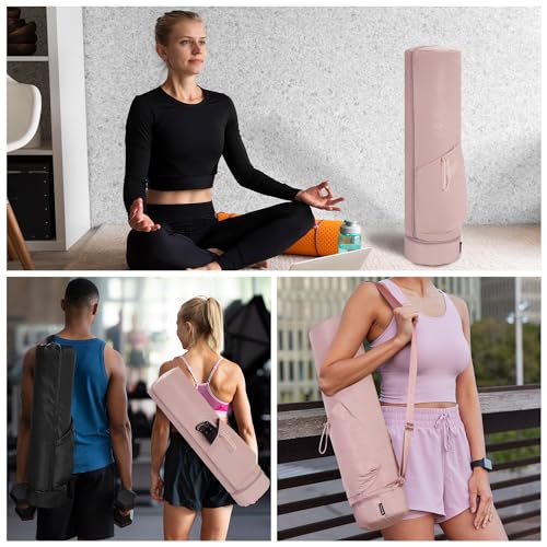 sportsnew Yoga Mat Bag Drawstring Pocket-Full Zip Cargo Yoga Mat Carrier Bag with Water Bottle Pocket and Bottom Wet Pocket Exercise Yoga Mat Carrier Multi-Functional Storage Bag, Pink & Pink