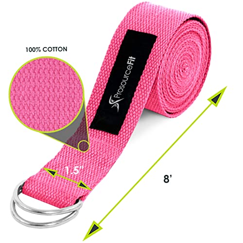 ProsourceFit Metal D-Ring Yoga Strap 8’ Durable Cotton for Stretching and Flexibility - color: Pink