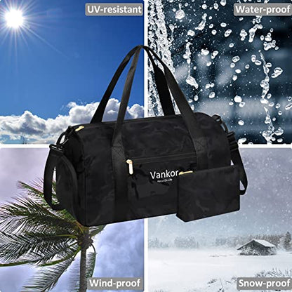 Vankor Gym Bag for Women, 17.5 inch Sports Duffle Bag with Shoe Compartment - color: Camo Black