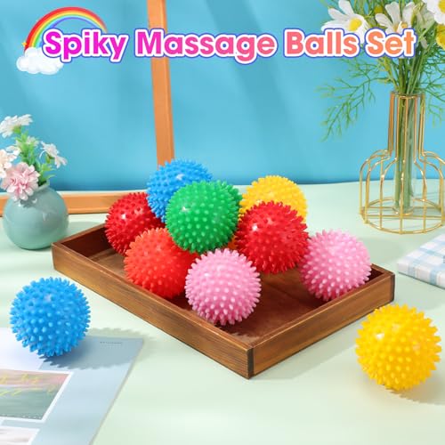 Liliful 12 Pcs Spiky Massage Ball Hard Foot Ball Roller Massager Firm Foot Arch Trainer 3 Inch for Deep Tissue Plantar Fasciitis Back Hands Muscles Soreness Exercise (Bright Color) - color: Bright Color
