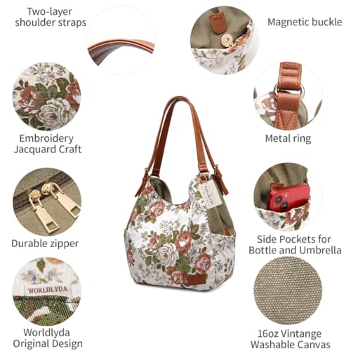 Worldlyda Women Canvas Hobo Purse Multi Pocket Tote Shopper Shoulder Bag Casual Top Handle handbag with Embroidery Ethnic - color: Be06army Green Flower