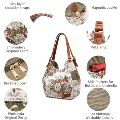Worldlyda Women Canvas Hobo Purse Multi Pocket Tote Shopper Shoulder Bag Casual Top Handle handbag with Embroidery Ethnic - color: Be06army Green Flower