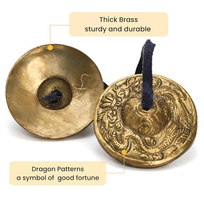 Meditation Chime Bells, 6.3 cm with Embossed Dragon Pattern | Tibetan Tingsha Cymbals with Drawstring Cloth Bag, Meditation Brass Bells for Percussion Instrument, Sound Healing, Yoga