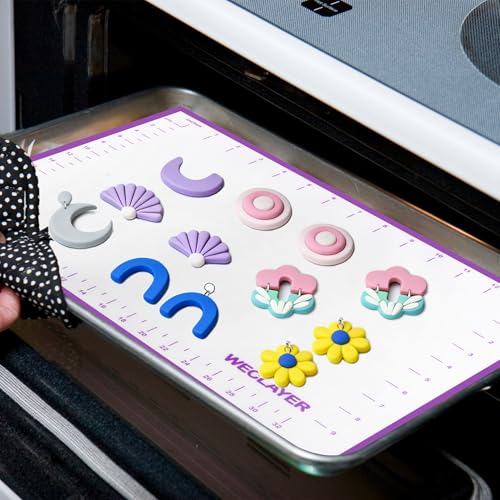 Clay Roller with Thickness Rings and 16" x 12" Silicone Clay Mat with Measurement,Oven-Safe Work Mat with Texture,Reusable Silicone Non-skid Pad,Clay Rolling Pin,Polymer Clay Tools