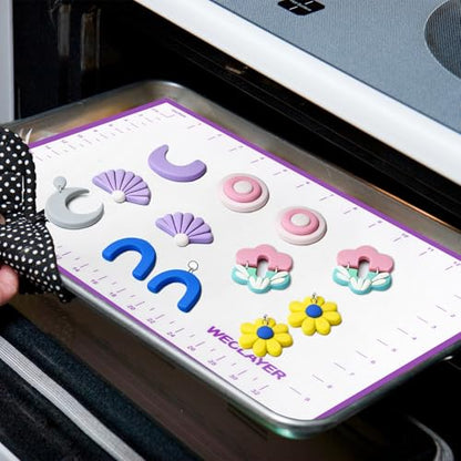 Clay Roller with Thickness Rings and 16" x 12" Silicone Clay Mat with Measurement,Oven-Safe Work Mat with Texture,Reusable Silicone Non-skid Pad,Clay Rolling Pin,Polymer Clay Tools