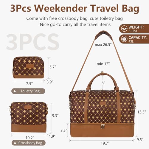Weekender Bag, Large Travel Duffel Bag for Women, Carry on Overnight Bag with Shoe Compartment and Toiletry Bags - color: D-3PCS Coffee