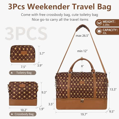 Weekender Bag, Large Travel Duffel Bag for Women, Carry on Overnight Bag with Shoe Compartment and Toiletry Bags - color: D-3PCS Coffee