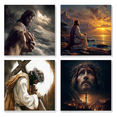 HEIBAGO 4 Pack Framed Paint by Numbers Kit for Adults Beginner, Adult Paint by Number Kits Jesus, DIY Paint by Numbers for Adults,Small Easy Acrylic Oil Painting for Wall Decor 8 x 8 Inch - color: Jesus