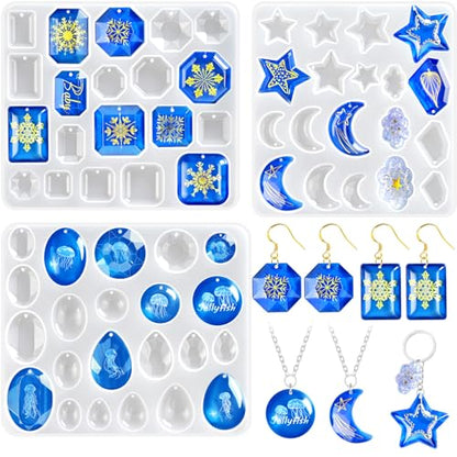 Resin Earring Molds, Set of 3 Earring Casting Molds Gem Style | Geometric Moon Star Clouds Shaped Earring Silicone Molds for Epoxy Resin Casting, Pendant Jewelry Keychain DIY Craft Gift - color: 3PCS Geometric Pendant Molds