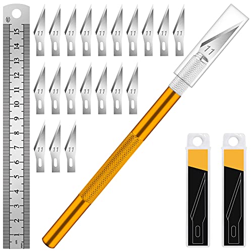 DIYSELF Hobby Knife Kit with 20#11 Blades, Aluminum Handle, 6-Inch Ruler | Hobby Knife Set with 20 #11 Blades, Ruler for DIY, Art & Model Making, Exacto Knife Kit for Crafters & Hobbyists, Gold - color: Gold-20