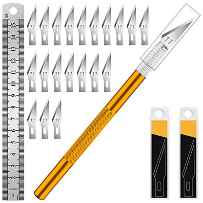 DIYSELF Hobby Knife Kit with 20#11 Blades, Aluminum Handle, 6-Inch Ruler | Hobby Knife Set with 20 #11 Blades, Ruler for DIY, Art & Model Making, Exacto Knife Kit for Crafters & Hobbyists, Gold - color: Gold-20