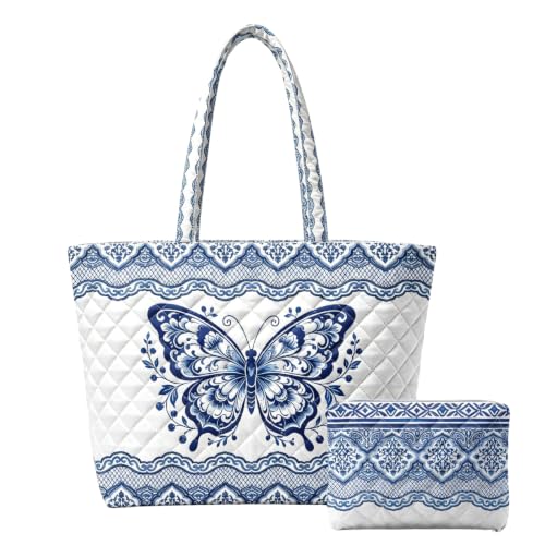 Quilted Tote Bag 2 Pack, Women's Tote Handbags for Work Travel - color: White & Cornflower Blue