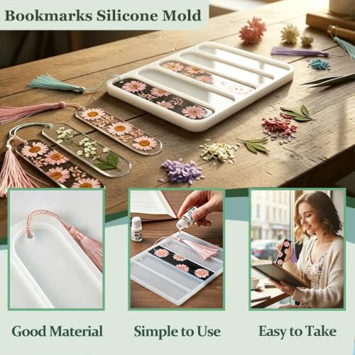 3PCS Shiny Silicone Bookmark Molds, Rectangle Resin Bookmark Molds in Small & Medium Sizes with Tassel Accessories, Perfect for DIY Resin Bookmarks