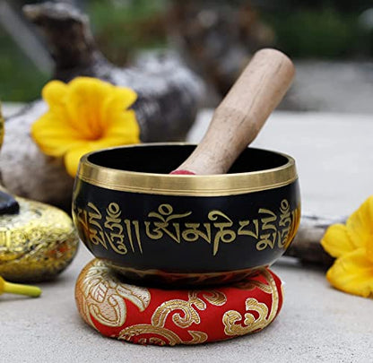 Tibetan Medium Size Singing Bowl Complete Set With Mallet and Brocade Cushion ~ For Meditation, Chakra Healing, Prayer, Yoga - color: Black, size: Medium