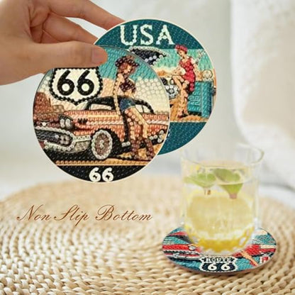 Mrnsiet 8 Pcs Car Diamond Art Coasters Kits for Adults, Highway Landscape Diamond Painting Coaster with Holder, Non Slip Hardwood Bases Coaster Set Gift for Beginners 4x4 Inch - color: BDWY195