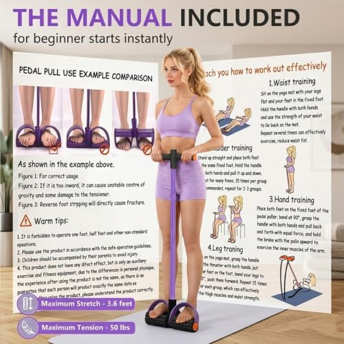 Multifunction Pedal Resistance Band with Handles, Purple | 6-Tube Natural Rubber Elastic Yoga Pedal Puller for Home Workouts, Full-Body, Core Strength, Arm Training and Leg Exercises