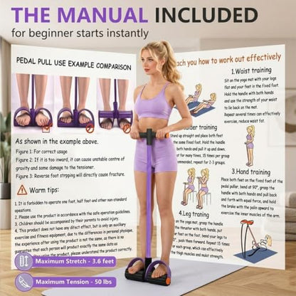 Multifunction Pedal Resistance Band with Handles, Purple | 6-Tube Natural Rubber Elastic Yoga Pedal Puller for Home Workouts, Full-Body, Core Strength, Arm Training and Leg Exercises