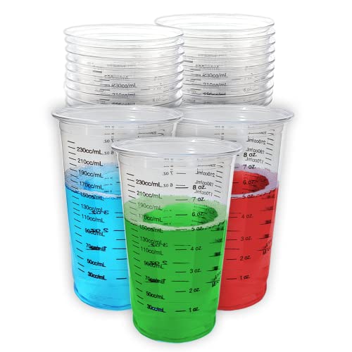 25 8oz Disposable Graduated Clear Plastic Cups for Mixing Paint, Stain, Epoxy, Resin, Colorants and Ingrediant Premeasuring for Baking as well as Measuring Portions during Food Preparation