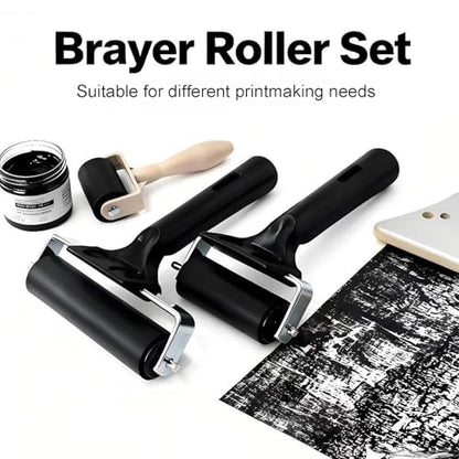 3-Pack Hard Rubber Brayer Rollers, 1.4/2.4/4 Inch for Printmaking, Ink Stamping, Gluing, Wallpaper, Anti-Skid Tape Application - Art Craft & Construction Tools
