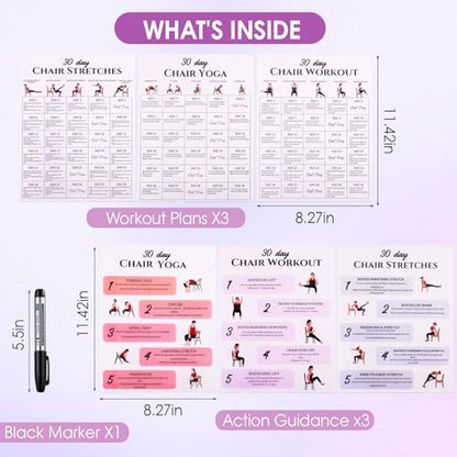 Karlaris 30 Day Chair Yoga Chart Posters Set, 6-Pack | Workout Charts with Black Marker, Stretching & Gentle Seated Exercise Chart, Office Yoga Poses, Senior Exercise Guide