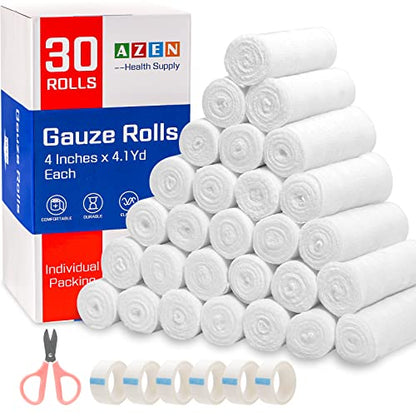 AZEN 30 Pack Gauze Rolls Bandages, 4 in x 4.1 Yards, Premium Medical Supplies & First Aid Supplies, Bandage Wrap Vet Wrap, Mummy Wraps - color: 30p, size: 4IN