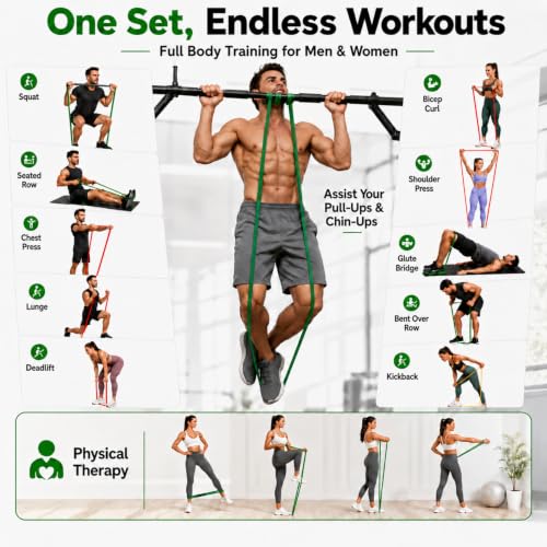 Resistance Bands for Working Out, 5-125LBS Pull Up Assist Bands Set - color: Green and Others With handle