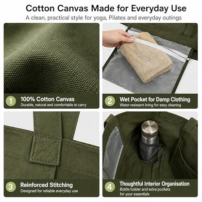 Yoga Mat Bag for Women, Pure Cotton Canvas Yoga Tote with Wet/Dry Pocket, Bottle Holder & Inner Zipper Pocket, Yoga Mat Carrier Bag for Pilates, Gym, Travel, Beach - color: Green
