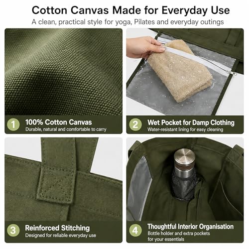 Yoga Mat Bag for Women, Pure Cotton Canvas Yoga Tote with Wet/Dry Pocket, Bottle Holder & Inner Zipper Pocket, Yoga Mat Carrier Bag for Pilates, Gym, Travel, Beach - color: Green