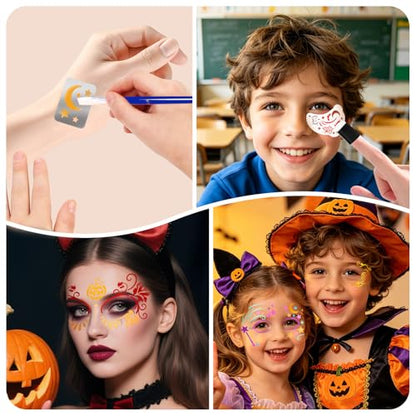 58 PCS Halloween Face Paint Stencils for Kids and Adults, 36 Reusable Facial Painting Templates, 6 Sticky Tattoo Stencils, 10 Brushes, 2 Gem Stickers, 4 Finger Sponges for Halloween Party Makeup - color: red