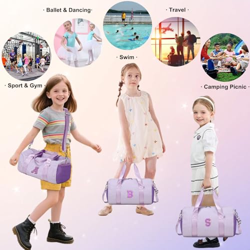 Dance Bag for Girls 4-6, Personalized Initial Dance Bag,Small Gym Sport Yoga Dance Bags Gift for Girls,Letter Kid Weekender Ballet Bags,Toddler Travel Duffle Tote with Adjustable Straps(Purple-s) - color: Purple, style: S