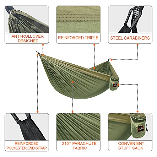 AnorTrek Camping Hammock, Super Lightweight Portable Parachute Hammock with Two Tree Straps Single or Double Nylon Travel Tree Hammocks for Camping Backpacking Hiking - color: Army Green&khaki, size: Single 110''L x 55''W