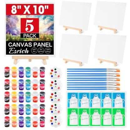 ESRICH 5 Pack 8x10 Canvas and Easel Set, Mini Acrylic Paint, Paint Brushes, Palettes, Aprons, Paint Kits for Adults Couples Friends Date Night Painting Party Supplies